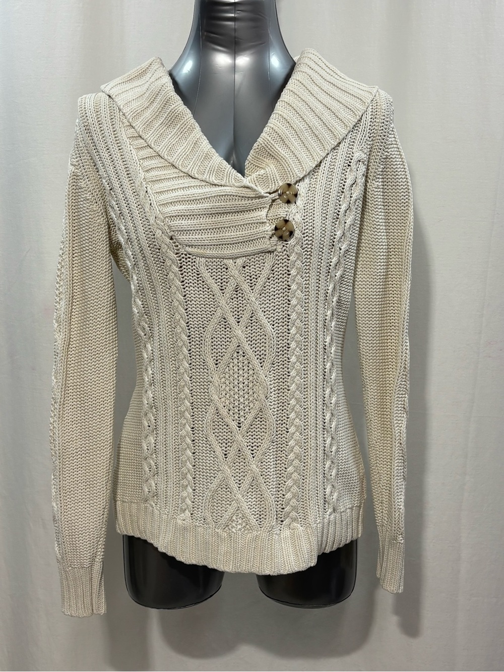 Eddie Bauer Cream Cable-Knit Shawl Collar Sweater with Toggle Accents Med - 555